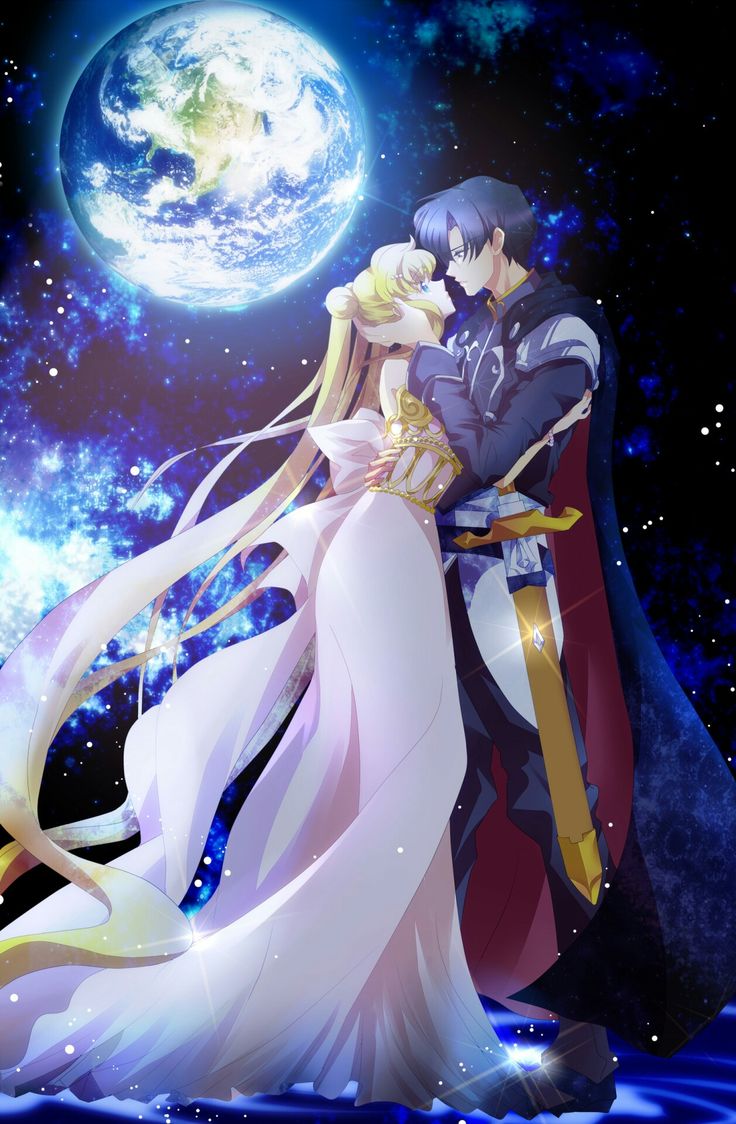 two anime characters are standing in front of the moon and stars with their arms around each other