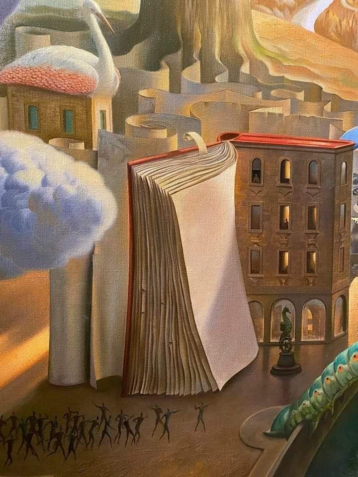 a painting of an open book with people walking around it and buildings in the background