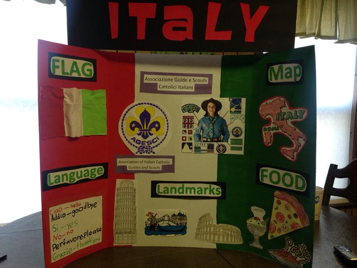 an italian language display with stickers and magnets on the front, along with other items