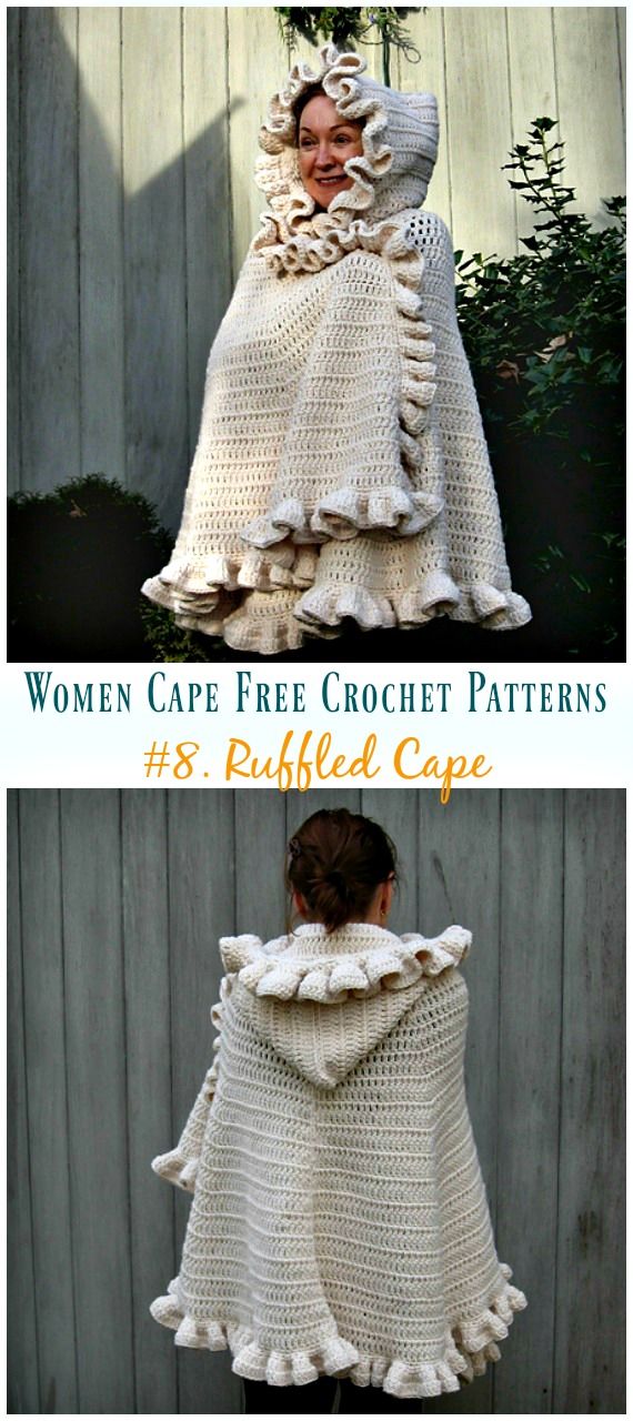 crocheted cape with ruffled edges and hood for women to wear in the winter