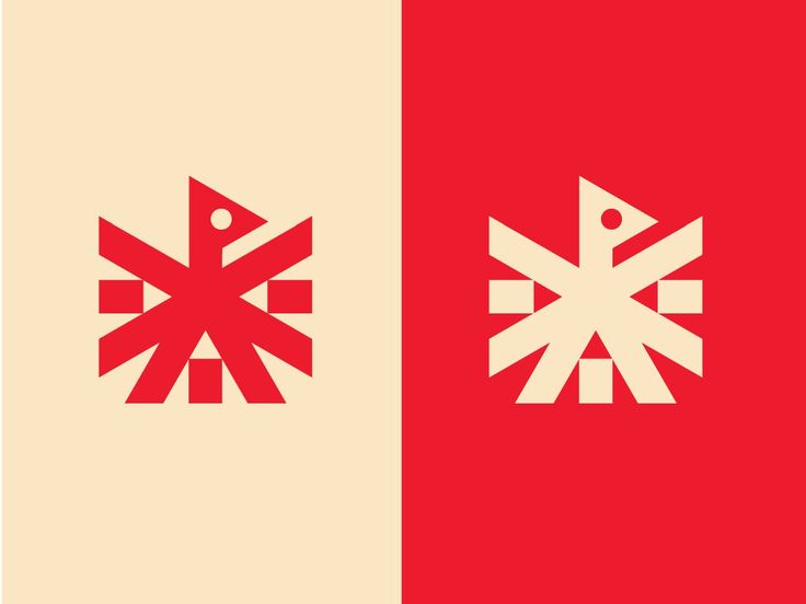 two red and white logos with different shapes