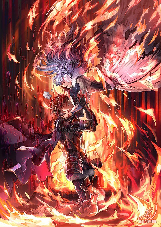 an anime character with fire and flames in the background