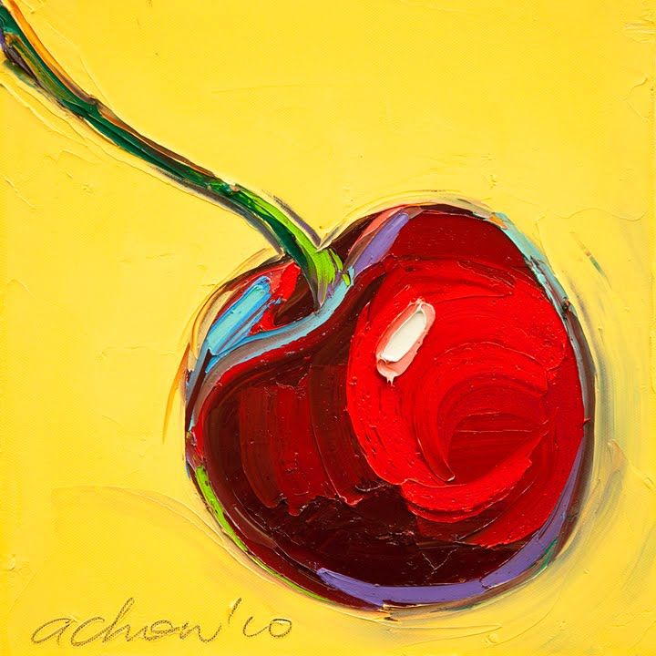 a painting of a red apple on a yellow background