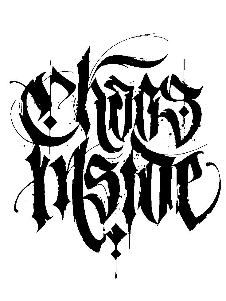 the word chaos is written in black ink on a white background with an ornate design