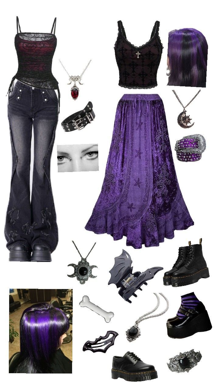 Whimsigoth Birthday Outfit, Enchantress Aesthetic Outfit, Spidercore Outfits, Lilith In Aquarius Outfits, Witchy Outfits Pants, Purple Witch Outfit Aesthetic, Purple Grunge Aesthetic Outfit, Black And Purple Goth Outfit, Cosmic Aesthetic Outfits