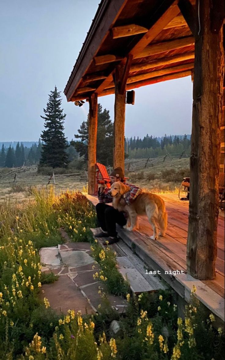 a person sitting on a porch with a dog next to them and the sun setting