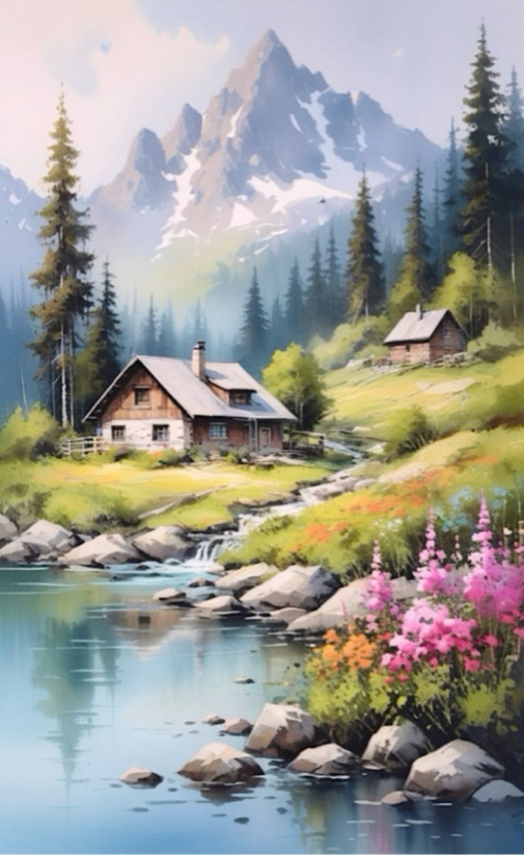 a painting of a house by the water with mountains in the background and flowers on the bank