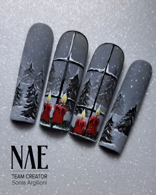 Christmas Nails Detailed, Festival Nail Art Designs, Winter Nails Nail Art, Winter Scene Nails, Polar Express Nails, Christmas Vacation Nails, Fancy Christmas Nails, Christmas Theme Nails, Nails Design Winter