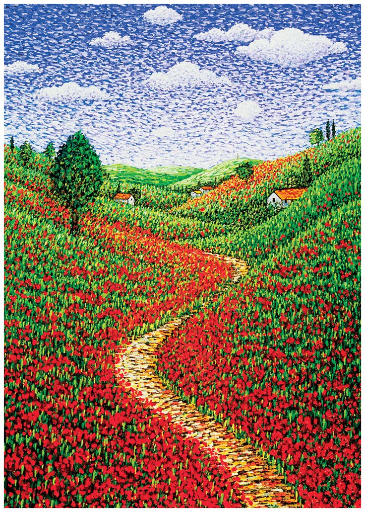 a painting of a field with red flowers and green hills in the distance is shown