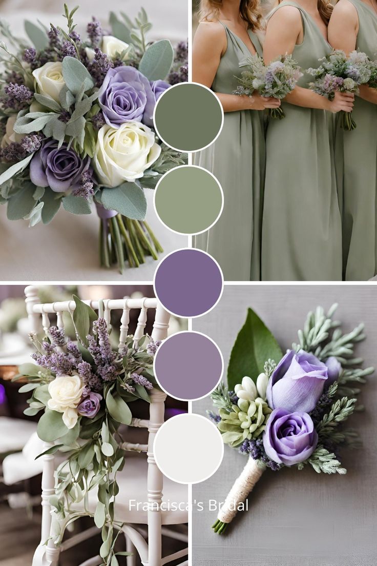 the bridesmaid's bouquets are arranged in shades of purple and green