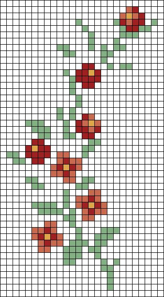 a cross stitch pattern with red and green flowers on the bottom, in rows of squares