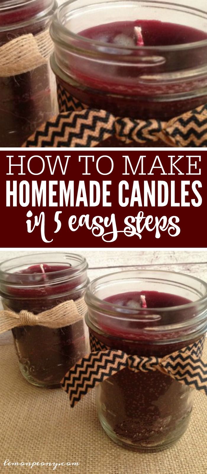 three jars filled with homemade candles sitting on top of a burlied table cloth