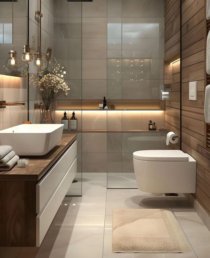 a modern bathroom with two sinks, toilet and bathtub in the middle of it