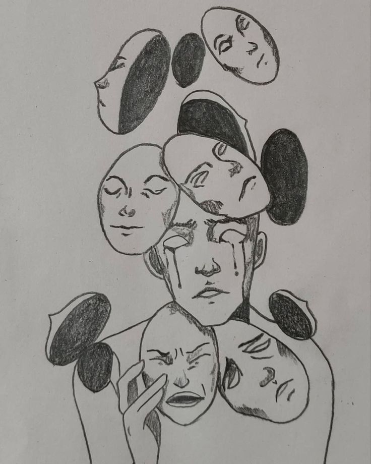 a drawing of three people with different facial expressions on their faces and one person touching his face