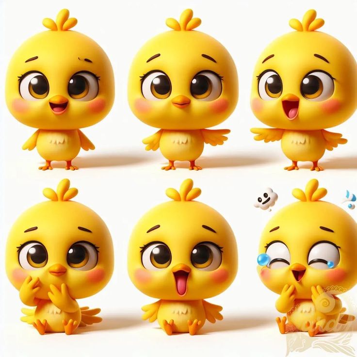 the little yellow birds have big eyes and are posed in different positions with their mouths open