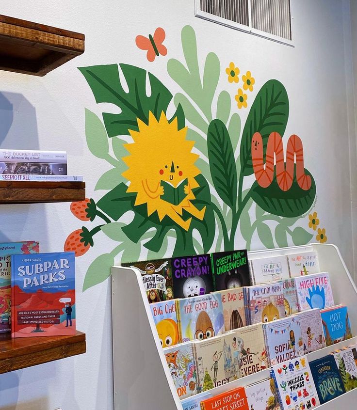 the children's bookshelf is decorated with an image of a sunflower