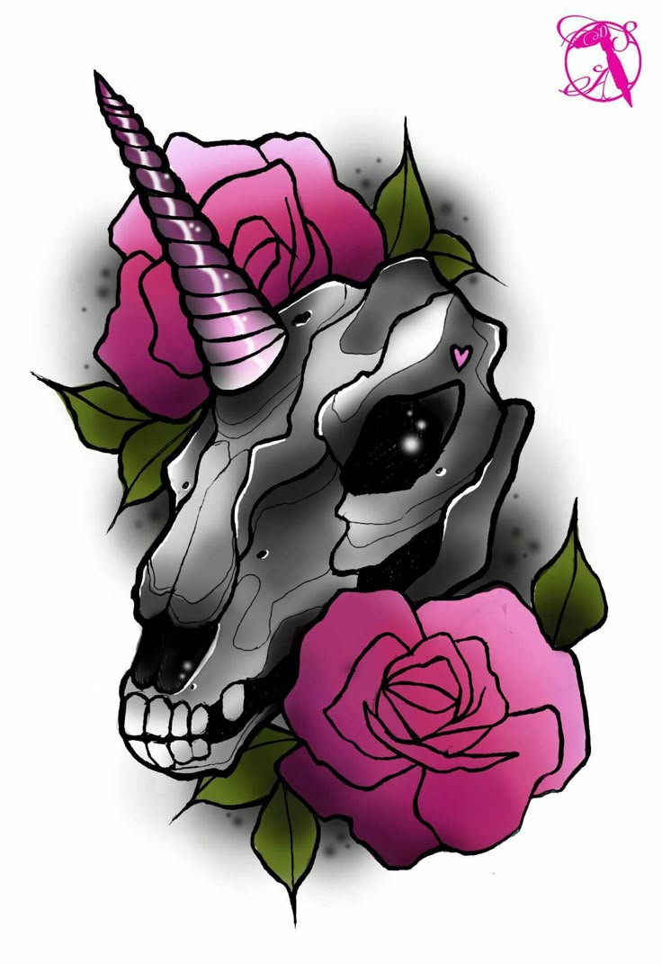 a drawing of a unicorn's head with pink roses