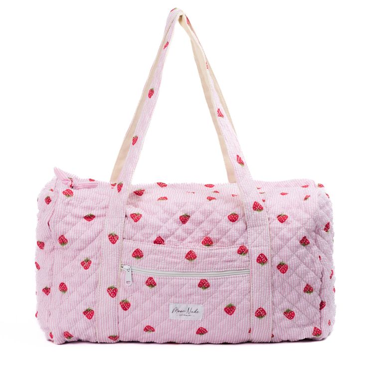 Introducing the Strawberry Large Duffel Bag – a spacious carry-all with a convenient zippable front pocket, designed to make a statement wherever life takes you.    The quilted exterior features a beautiful strawberry-themed pattern, complemented by a classy pink gingham interior.     Perfect for extended trips, weekend getaways, or as a chic gym companion, the Strawberry Large Duffel Bag effortlessly combines fashion and functionality.   Size: 20" x 12" x 11" Coquette Duffle Bag, Duffel Bag Aesthetic, Cute Duffel Bags, Duffle Bag Aesthetic, Rush Bag, Cute Duffle Bag, Cute Pink Bag, Gingham Interior, Chic Gym