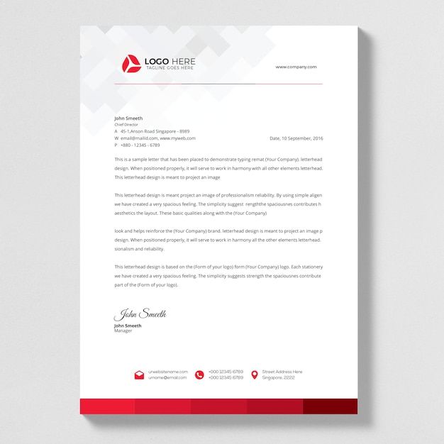 a letterhead for a company with red accents