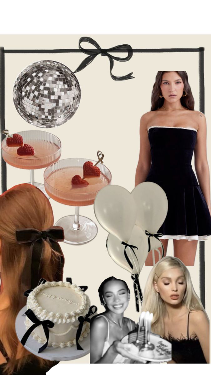 a collage of photos with women in dresses and desserts, including champagne glasses