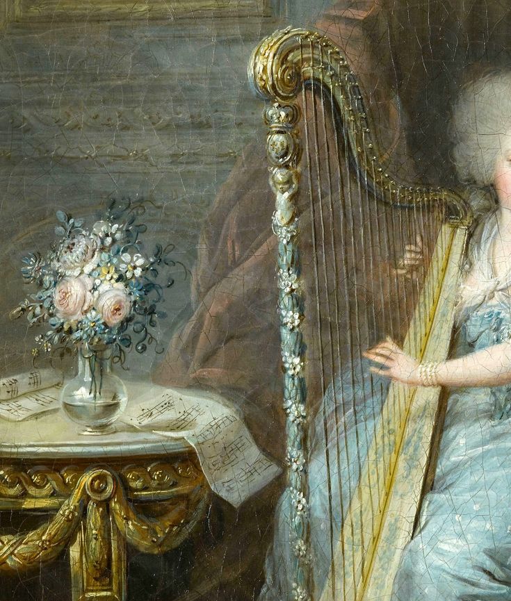 a painting of a woman holding a harp next to a table with flowers on it