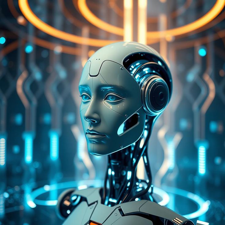 a robot with headphones standing in front of a futuristic background