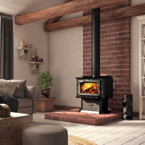 a wood burning stove in a living room