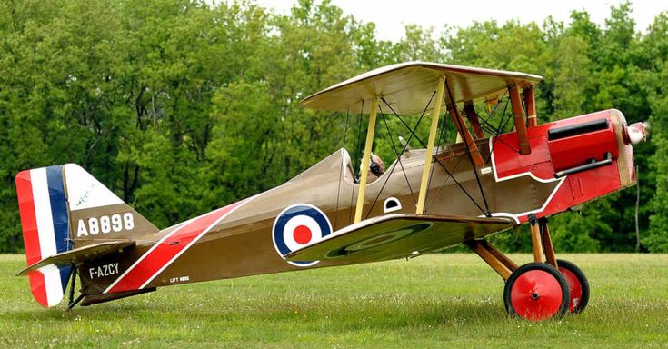 an old style airplane sitting on top of a grass covered field with trees in the background