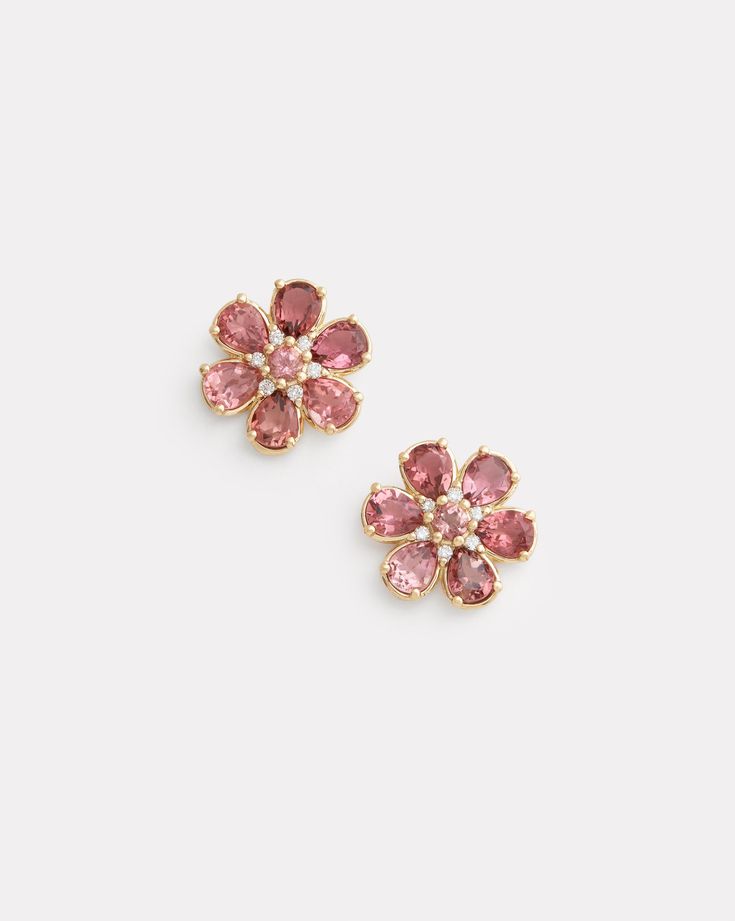 18K Yellow Floral Stud Earring with Pink Tourmaline and Diamonds, .12 TCW5/8 Inch Diameter Style# YESFPTW Gold Pink Earrings, Pink Jewerly, Pink Tourmaline Jewelry, Diamond Earrings Design, Love Earrings, Pink Studs, Asymmetrical Earrings, Tourmaline Earrings, Floral Studs