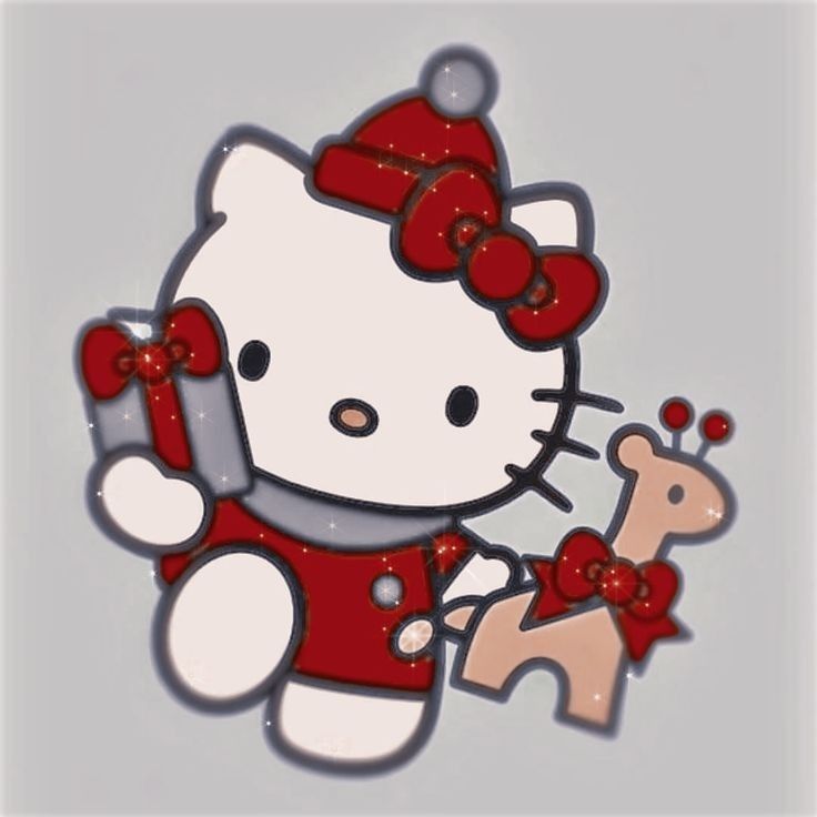 a hello kitty holding a teddy bear with red bows on it's head and wearing a santa hat