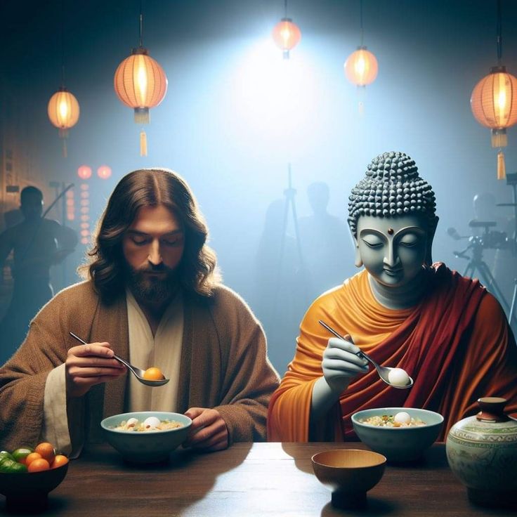 a man sitting at a table with bowls of food in front of him and buddha statue