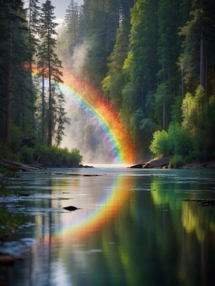 a rainbow in the middle of a forest