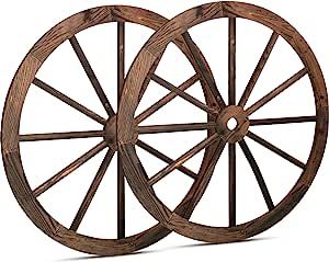 two old fashioned bicycle wheels are shown against a white background