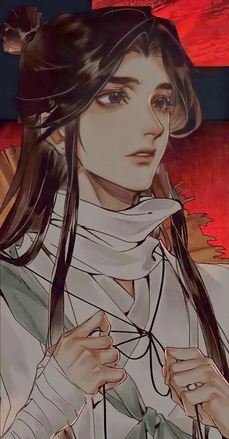 a drawing of a woman with long black hair wearing a white shirt and scarf over her shoulder