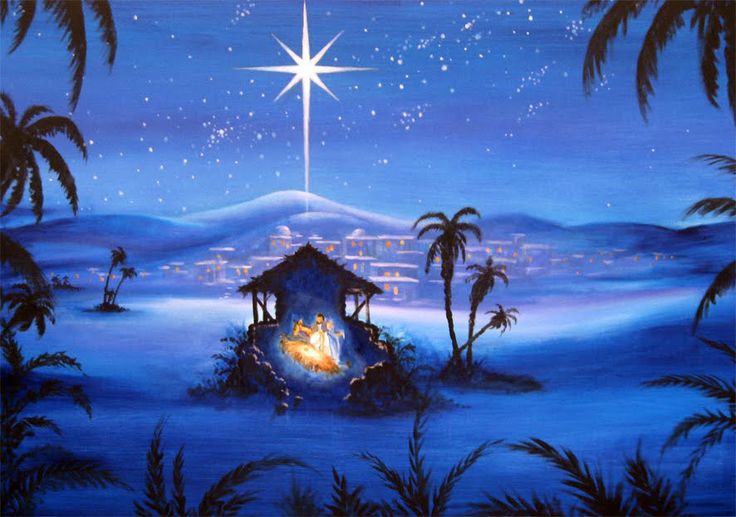 a painting of a nativity scene with palm trees and a star in the sky