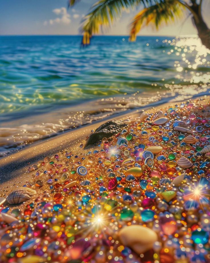 the beach is covered with many different colored beads and shells, as well as palm trees