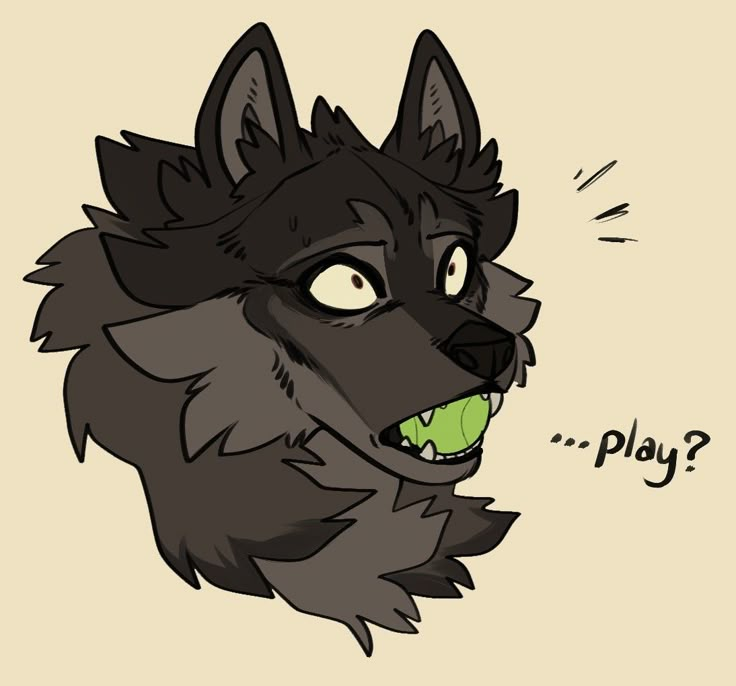 a drawing of a wolf with a tennis ball in its mouth that says play?