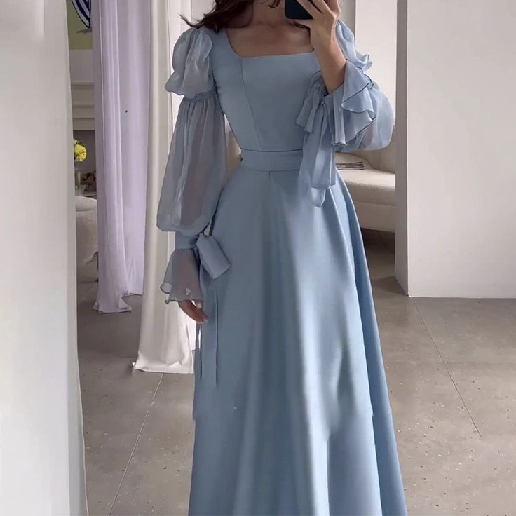 Olivia Mark - Square Neckline Bell Sleeve High Waist Belted Dress Fairy Dresses For Women, Forest Dress, A Line Maxi Dress, Satin Evening Dresses, Elegant Maxi Dress, فستان سهرة, Dresses 2024, Fairy Dress, Maxi Dress Blue