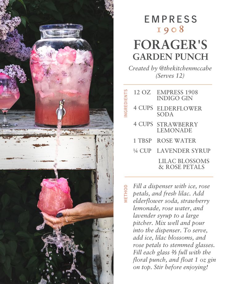 an advertisement for a garden punch with pink flowers in the jar and ice on the table