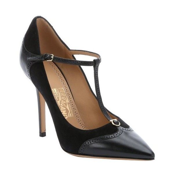 Salvatore Ferragamo Black leather and suede 'Nalia' t-strap wingtip... (3.990 ARS) ❤ liked on Polyvore 1990 Fashion, Footwear Heels, Black High Heel Pumps, Pointy Pumps, Leather Sole Shoes, Black Leather Pumps, Black Stilettos, Salvatore Ferragamo Shoes, Ferragamo Shoes