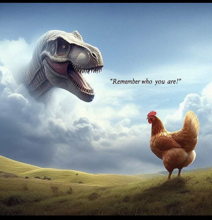 an image of a dinosaur and a chicken in the sky with words that say, remember who you are