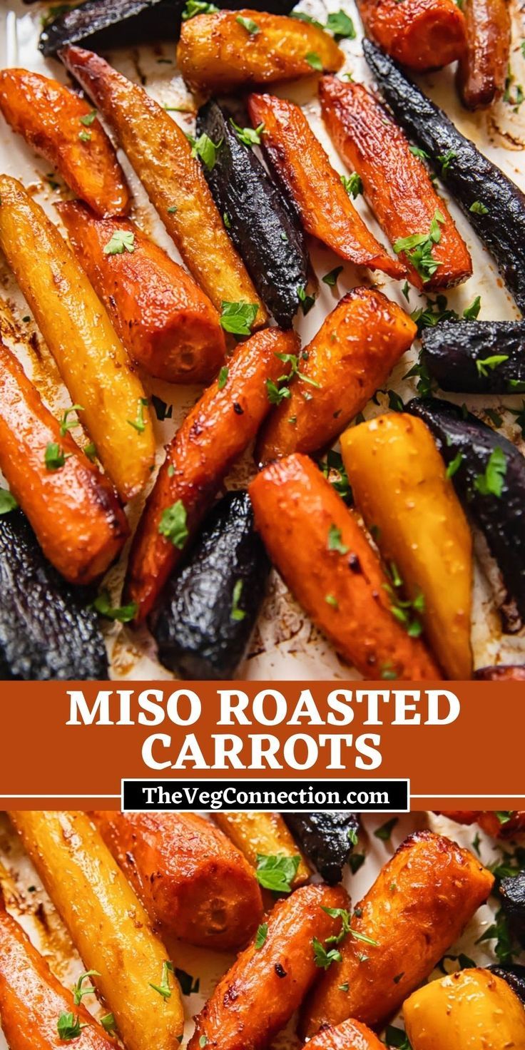 grilled carrots and other vegetables on a sheet of paper with the title, miso roasted carrots