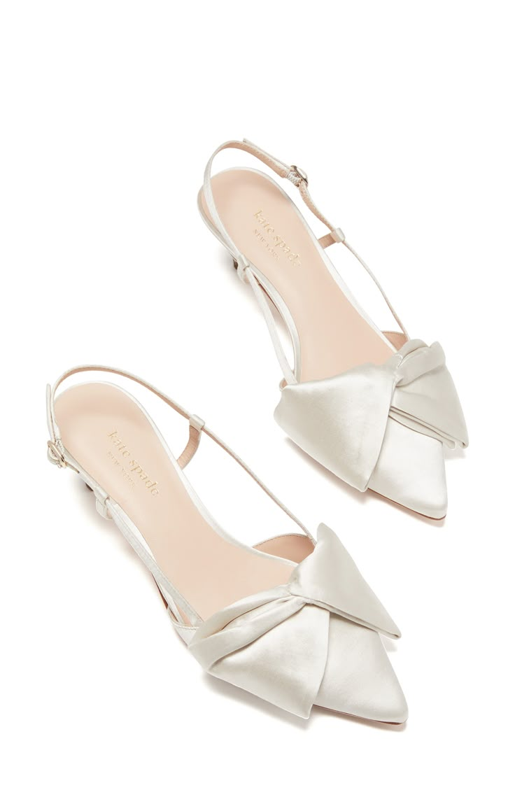 A kitten-heel pump that can go from everyday looks to events features an easy slingback strap and folded bow at the pointy-toe. Style Name:Kate Spade New York Marseille Bow Pointed Toe Slingback Pump (Women). Style Number: 6033159. Available in stores. Kitten Bridal Heels, Formal Heels For Women, White Satin Kitten Heels, Kitten Heels Wedding, Kitten Heel Wedding Shoes, Ivory Pumps, Bridal Pumps, Satin Pumps, White Pumps