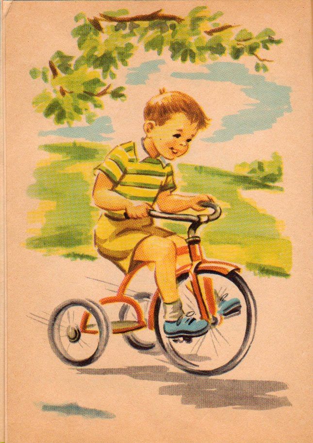 a painting of a young boy riding a bike