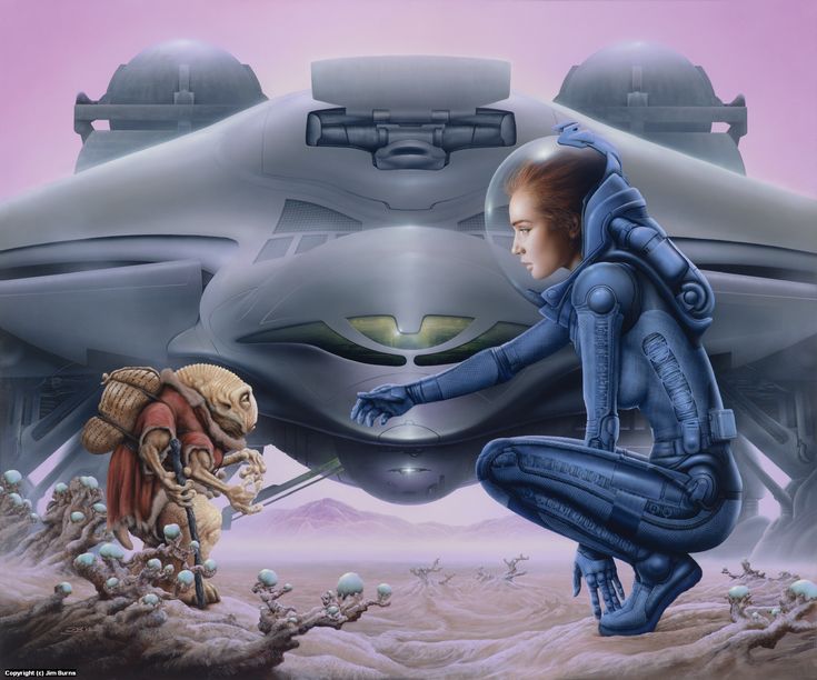 a woman kneeling down next to an alien like creature in front of a futuristic vehicle