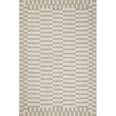 a beige and white rug with vertical lines on it, in the shape of squares