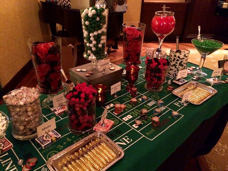 a green table topped with lots of candy and candies