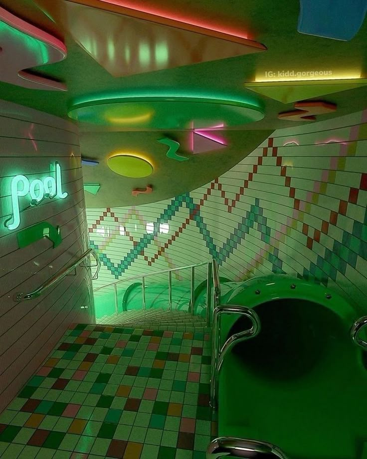 a green bath tub sitting inside of a bathroom next to a tiled wall and ceiling