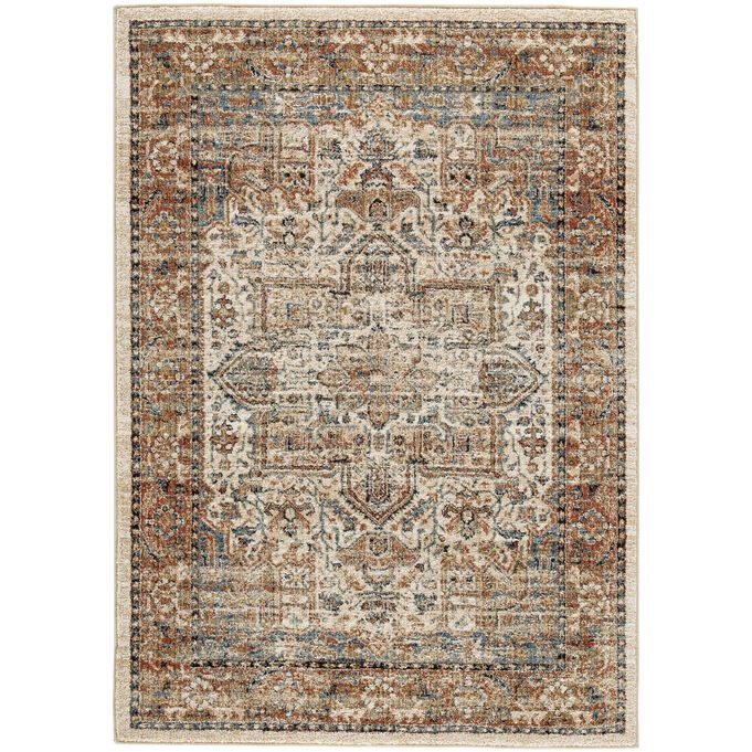 an area rug with various colors and patterns on it, including brown, blue, beige and