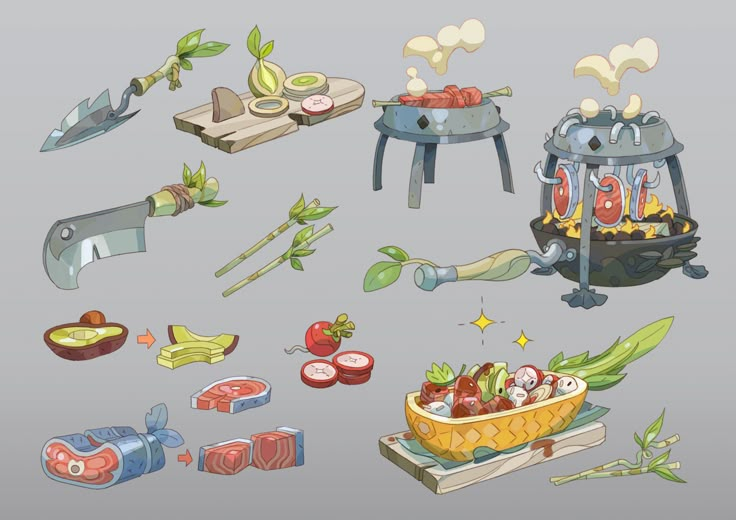 an image of some food items on a gray background, including vegetables and meats